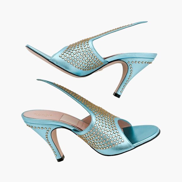 Gucci Fedra Crystal Embellished Mules EU 37 US 7 Metallic Blue High Heel Sandals - Picture 10 of 15